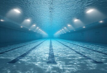 A view of the swimming pool from underwater, showing rows and lines on its surface. The water is clear blue with light reflecting off it. In front, there's an empty starting block.