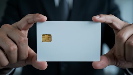 Professional presents blank credit card for financial transactions and payments - Powered by Adobe