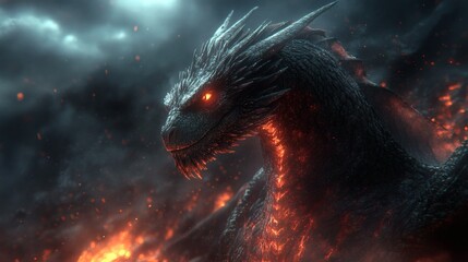 Fierce dragon emerging from volcanic fire.