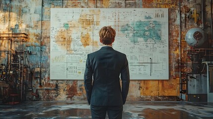 Businessman studying strategic equations on a whiteboard