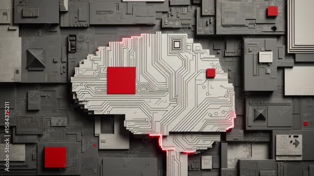 Aufkleber abstract circuit design resembling a brain with red accents.