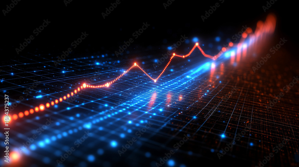 Aufkleber a dynamic 3d render of a glowing red line graph trending upwards over a network of blue lights and l