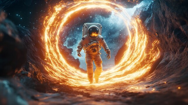 Astronaut traversing a fiery celestial tunnel.