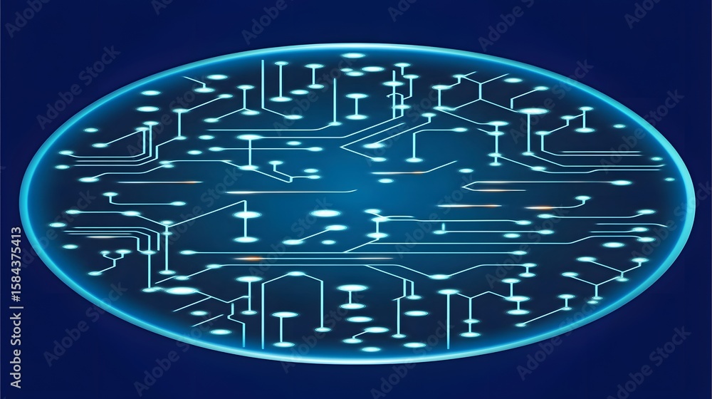 Poster circular circuit board design with glowing lines.