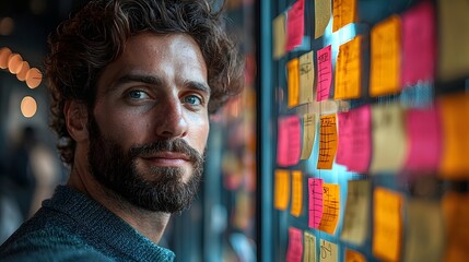 Businessman brainstorming on a glass wall with colorful sticky notes