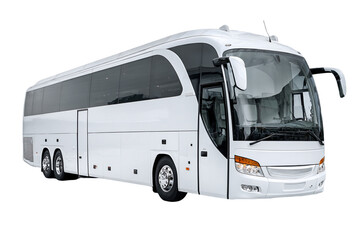 Sleek White Passenger Bus with Tinted Windows and Chrome Wheels Isolated on a Transparent Background for Transportation and Vehicle Imagery, PNG