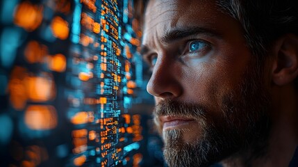 Bearded businessman analyzing financial data on digital screens