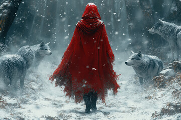 Woman in red cloak walking snowy forest.