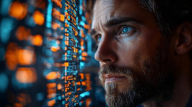Bearded businessman analyzing financial data on digital screens - Powered by Adobe