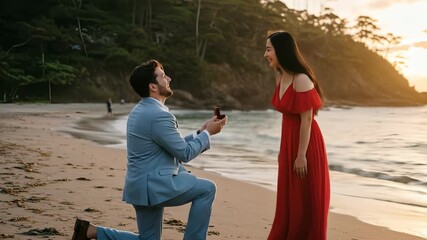 Romantic Beach Proposal at Sunset: A Moment of Love and Commitment Captured on Camera