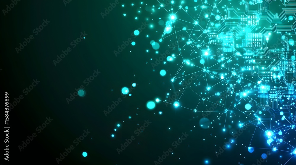 Poster teal digital network graphic with glowing points and lines.