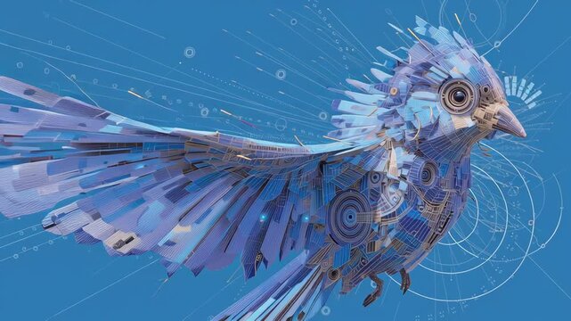 Digital art collage abstract concept, Abstract bird illustration with intricate lines and a blue background.