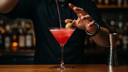 Bartender skillfully crafting a classic cosmopolitan cocktail with style and precision