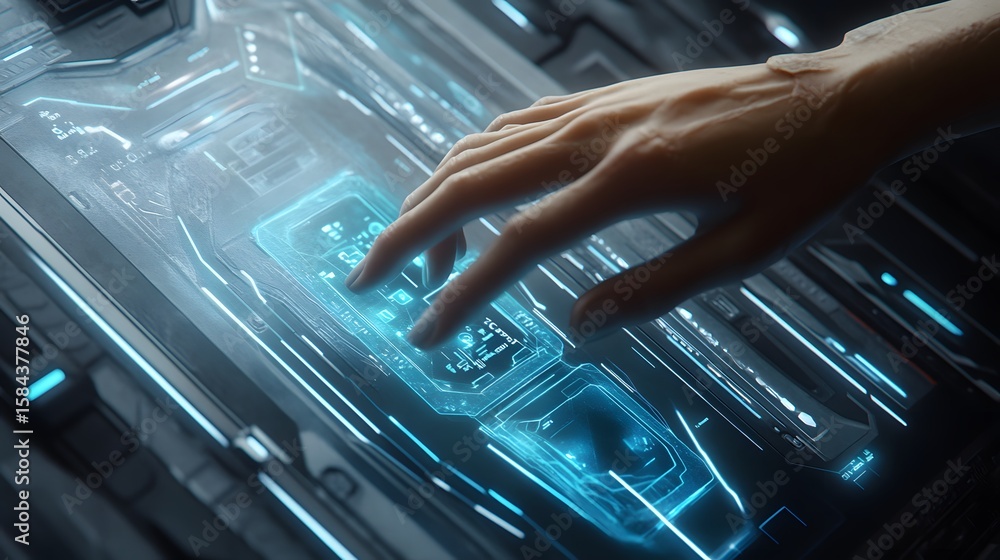 Poster hand interacting with a futuristic interface.