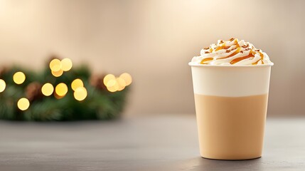 Cozy caramel coffee drink with whipped cream and festive holiday lights