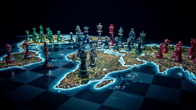 Global Geopolitical Strategy on Illuminated World Map Chessboard with Diverse Pieces