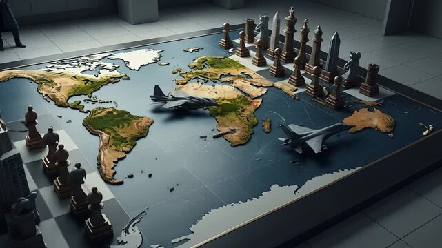 Global Geopolitical Strategy: Chess Pieces and Airplanes on a 3D World Map Board, Symbolizing International Conflict and Power Dynamics