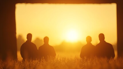 Four silhouetted figures standing in a field during a golden sunrise