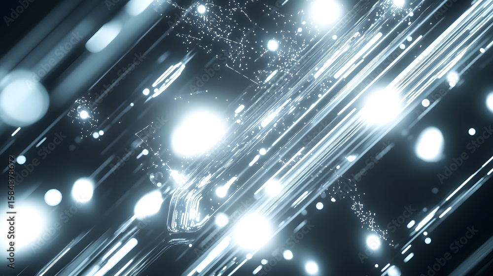 Poster abstract design with glowing lines and particles.