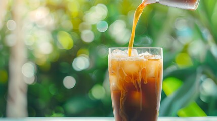 Refreshing iced coffee being poured into a glass with ice cubes outdoors