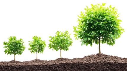 A young tree growing from a soil patch with a white background