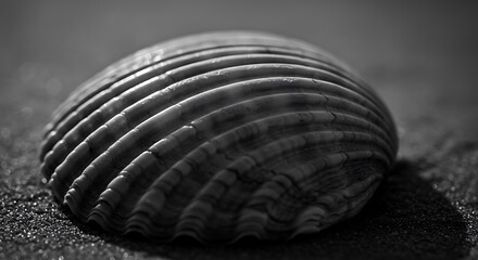 Monochrome Seashell Close-up: Textured, Ribbed, Ocean Beach Theme, Serene Coastal Mood