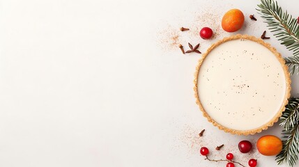 Festive eggnog tart with cranberries and pine sprig for holiday celebration