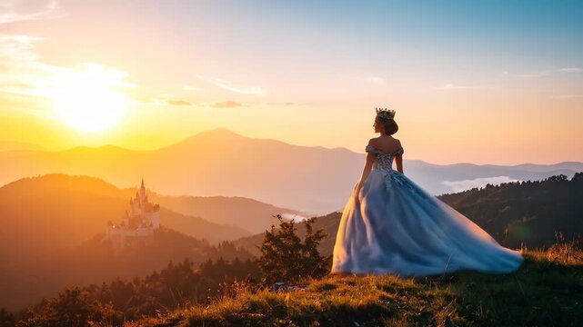 Majestic Queen Gazing Upon Distant Castle at Sunset: A Fantasy World Concept