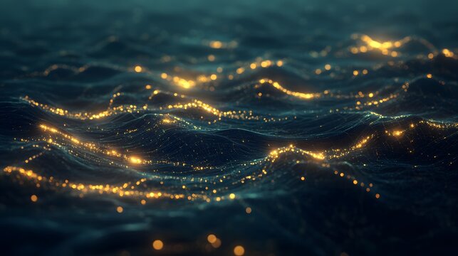 Abstract digital waves of shimmering gold particles.