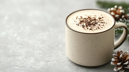 Cozy creamy hot beverage topped with chocolate shavings and festive decorations