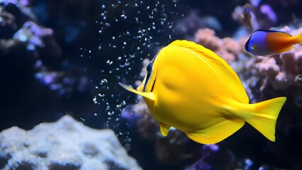 Yellow Tang Swimming Gracefully in a Vibrant Coral Reef Ecosystem Aquarium Display - Powered by Adobe