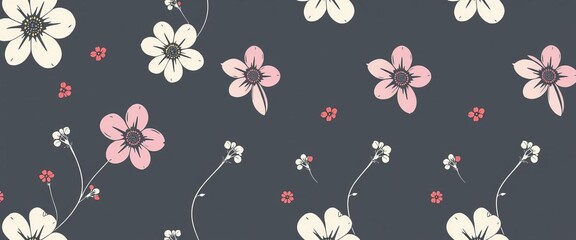 Delicate, single-line floral pattern; minimalist hand-drawn style, seamless repeat,  bloom,  stem