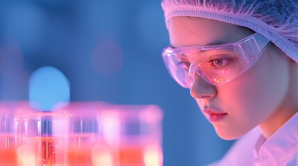 Focused scientist in protective gear examining colorful liquids in laboratory beakers