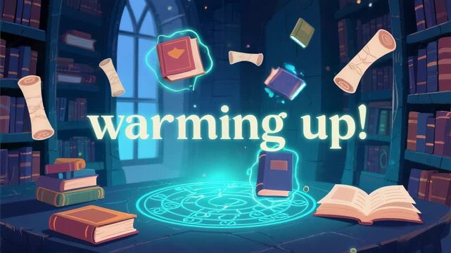 Animated magic library scene with floating books and scrolls perfect for streaming or educational content, featuring a spell circle and warm inviting colors.