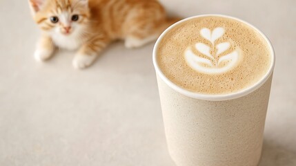 Adorable orange tabby kitten and latte art coffee cup on table