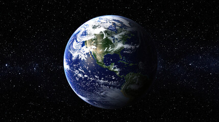 Fototapeta premium A planet Earth with a blue and green color scheme, viewed from space with stars in the background.