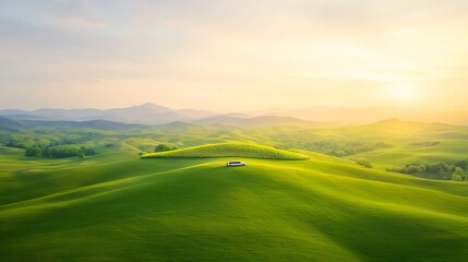 Lush green rolling hills under a golden sunrise with a limo