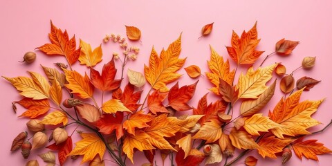 Fototapeta premium Intricate arrangement of dried leaves in warm autumnal tones against a soft pink backdrop, dried leaves, elegant