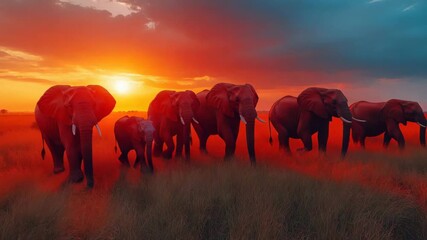 Magnificent herd of elephants majestically crossing the African savannah during a vibrant sunset