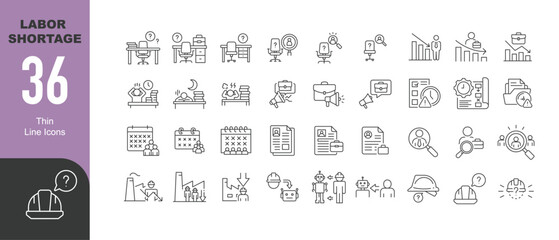 Labor shortage icon set. 36 thin line icons in outline style. Includes job vacancy, employee burnout, worker gap, hiring problem, resume search, automation threat, project delay, and team decline.