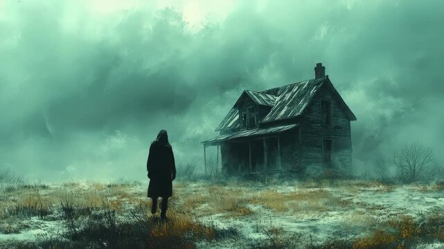 Eerie Journey Towards an Abandoned House Amidst Ominous Skies and Sparse Landscape