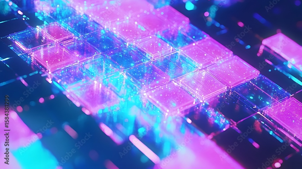 Poster abstract digital design with glowing translucent cubes.