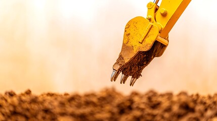 Yellow excavator bucket digging into brown earth with a soft orange background