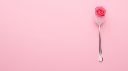 A single pink rosebud rests on a spoon filled with sparkling sugar crystals