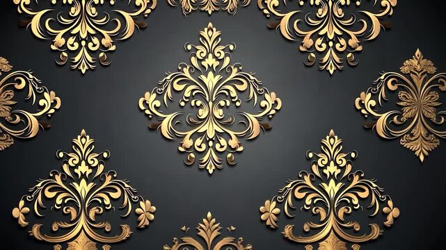 Elegant gold damask pattern on dark background; ornate, luxurious design