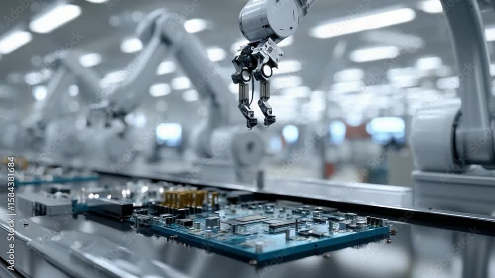 Aufkleber advanced robotic arm assembling circuit board in modern manufacturing facility with soft focus backg