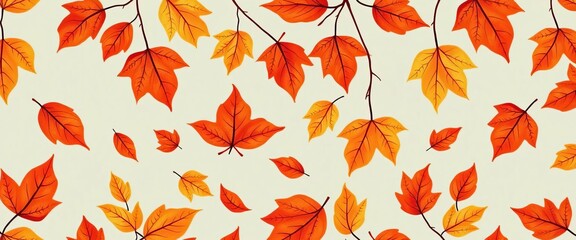 Whimsical hand-drawn autumn leaves in warm tones, seamlessly repeating,  nature,  red