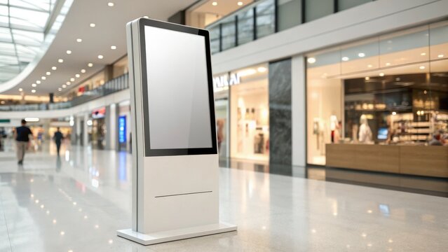Blank Digital Kiosk in Modern Shopping Mall, Advertising Display Mockup, Retail Signage, Vertical Composition, Digital Signage Digital Kiosk, Retail Advertising
