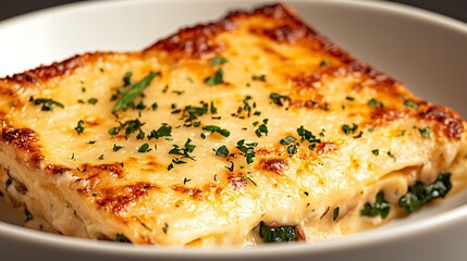 Delicious slice of lasagna topped with melted cheese and fresh parsley