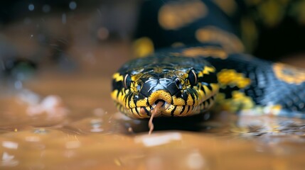 Close up of a yellow and black patterned snake flicking its tongue